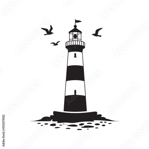 Black and White Lighthouse Beacon with Birds Flying Around it on a Small Island Rock Formation Illustration