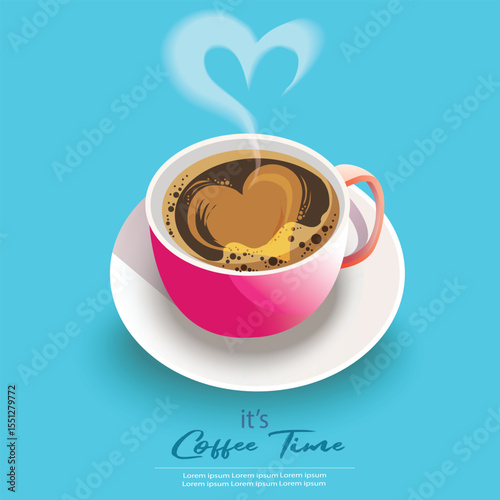 it's coffee time concept. Pink Coffee Cup with heart shape smoke on blue background. it's coffee time,  coffee love on valentine's day. Vector ,Illustration