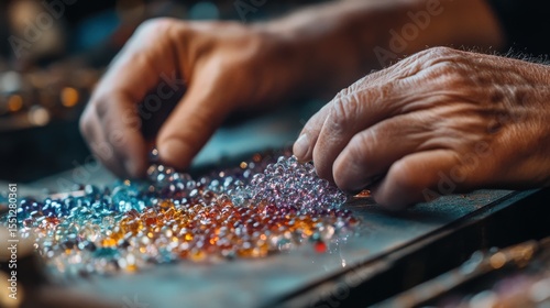 A craftsperson sorts colored glass beads carefully with their hands