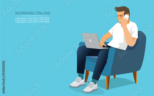 handsome man in casual wear working online, sitting in armchair and using laptop . Millennial Eastern guy surfing internet on portable pc. vector,illustration