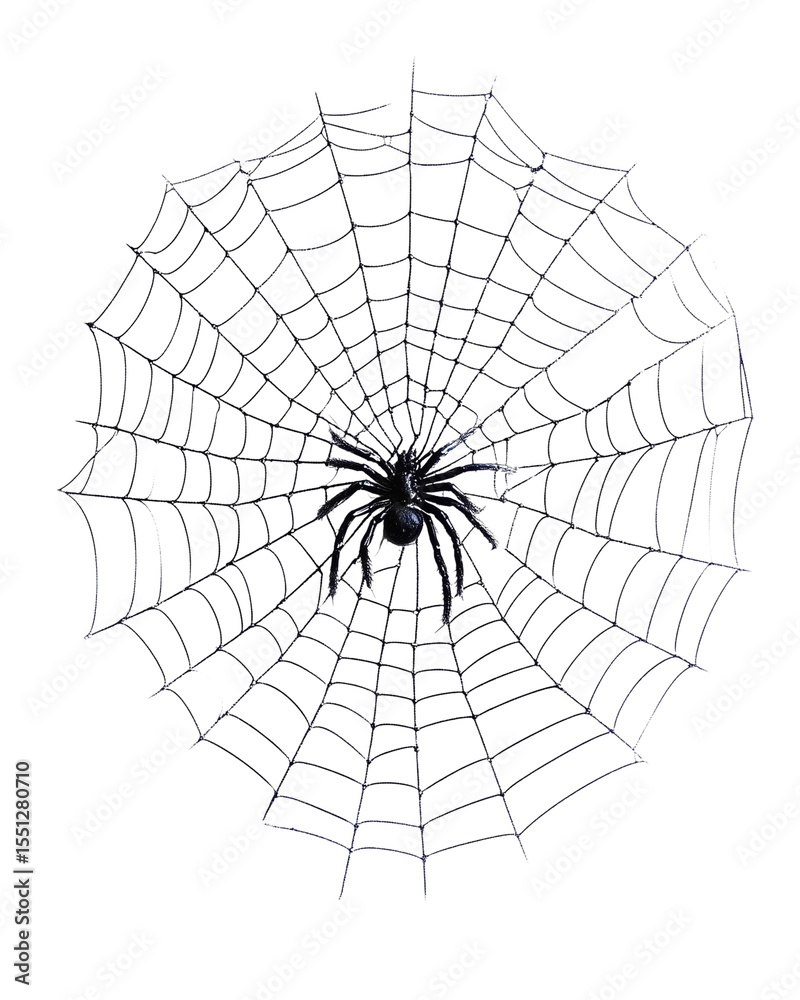 Obraz premium Spider on web with detailed stretched web texture isolated on transparent background, showing intricate design and natural pattern, creating spooky and mysterious atmosp
