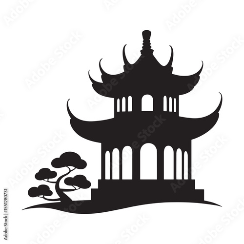 Elegant Asian Pagoda Silhouette Amidst Serene Nature A Symbol of Tranquility and Architectural Grace Oriental Mystique in a Single Captivating Image