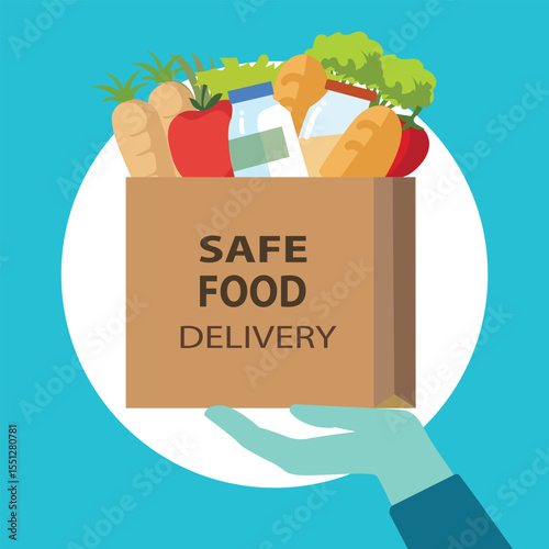 Safe food delivery at home during coronavirus covid-19 epidemic: delivery man hand  holding a bag with fast food,he is wearing a gloves symbol, vector, illustration
