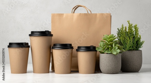 Coffee Cups and Plants in Simple Arrangement