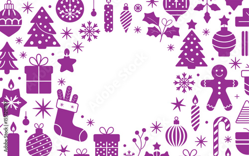 Festive Christmas Wreath Illustration Composed of Purple Silhouettes Featuring Classic Holiday Symbols Arranged in a Circular Border—Including Christmas Trees, Gifts, Ornaments, Stockings, Candy 