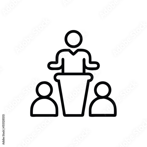 Presentation icon of speaker at podium giving speech to audience for business meeting event