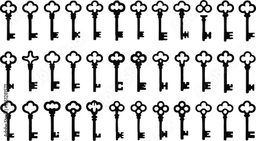 Vintage Key Silhouette Collection Featuring Thirty-Six Distinct Black Icons in a 4x9 Grid Layout—Each Key Showcasing Unique Bow Shapes and Notch Patterns, Ranging from Ornate Loops and Shields to Geom