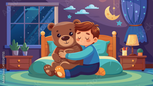 A heartwarming bedtime graphic depicting a boy embracing his teddy bear, perfect for children's books, nursery decor, and comforting designs.