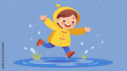 A cheerful boy in a yellow raincoat joyfully splashes in a puddle, perfect for children's books, weather concepts, or playful designs.