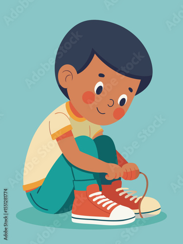 A charming boy tying his shoelaces graphic, suitable for educational content, childhood projects, or storybooks, showing a moment of independence.