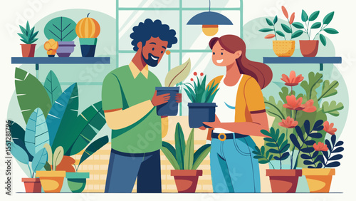 A couple tends to their indoor garden, showcasing potted plants and nurturing a vibrant home environment with botanical elements.