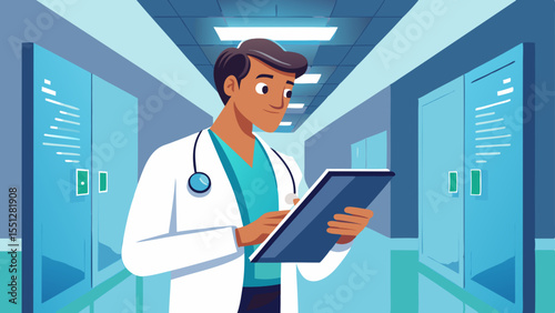 Male doctor holding a clipboard in a hospital hallway, a professional design for healthcare branding, icons or website elements related to medicine.