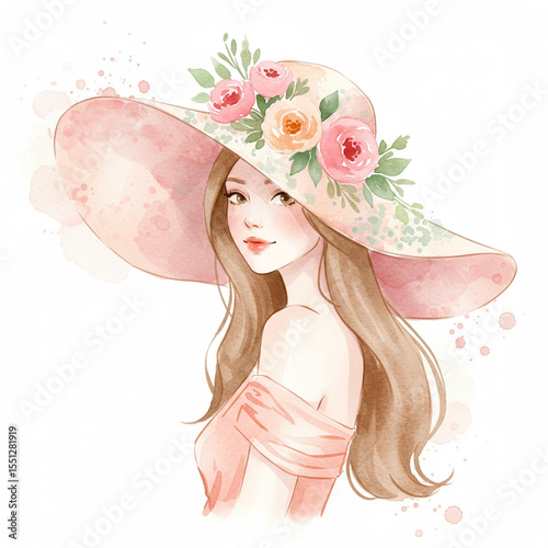 Young woman in oversized sun hat adorned with flowers and wearing off-shoulder dress  