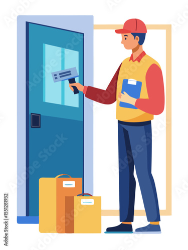 Delivery courier scans package barcode at front door, delivering package in a professional and efficient manner to the customer.