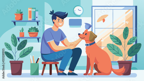 Pet owner spends time with an adorable puppy in a cozy room, great for illustrating friendship, care, and relaxation at home.
