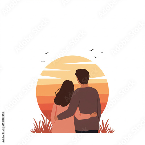 Couple embracing while watching sunset over horizon in nature  