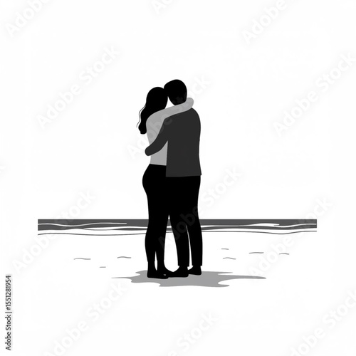 Couple embracing on beach during sunset in silhouette style  