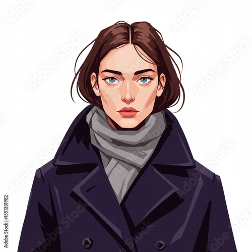 Young woman posing confidently in navy coat and gray scarf  