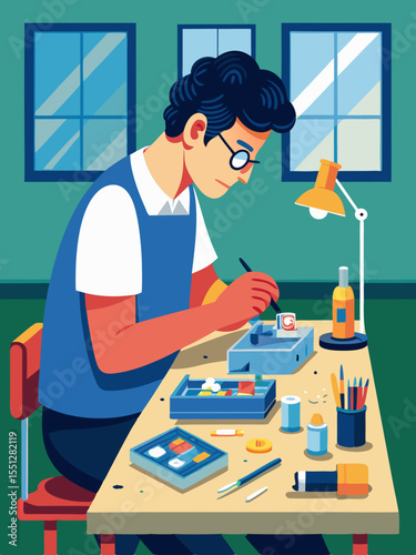 Man crafting miniature artwork at his desk, an artistic pursuit perfect for posters, advertisements, and creative projects.