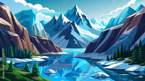 Stunning natural scenery of the Alaskan fjords near Sawyer Glacier, featuring dramatic cliffs, icy blue waters, and snow-covered peaks. The peaceful landscape captures the raw beauty of nature