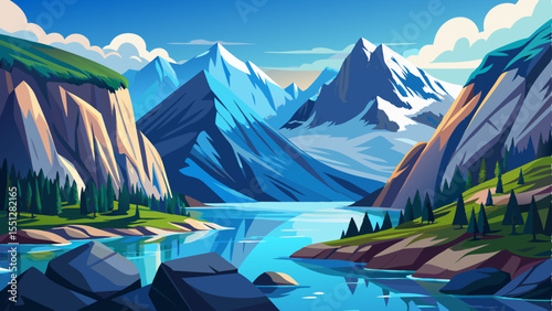 Stunning natural scenery of the Alaskan fjords near Sawyer Glacier, featuring dramatic cliffs, icy blue waters, and snow-covered peaks. The peaceful landscape captures the raw beauty of nature