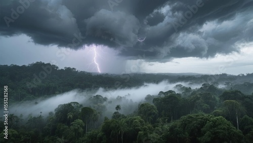 Thunderstorm Over a Dense Forest with Lightning and Fog