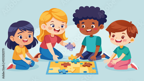 A cheerful cartoon design featuring children playing together, completing a jigsaw puzzle, perfect for educational resources and family-oriented graphics.