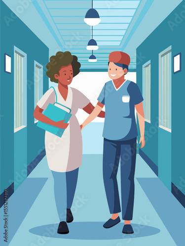 Two medical professionals walking together in a hospital hallway is ideal for presentations about healthcare, staff, medicine, and service.