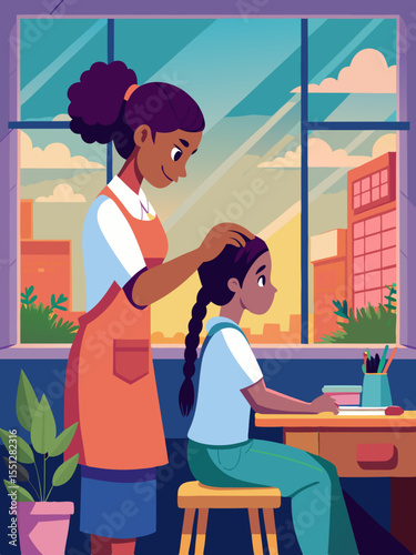 A heartwarming design showing a mother lovingly caring for her child near a window, usable for family themes, parental care or back to school promotions.