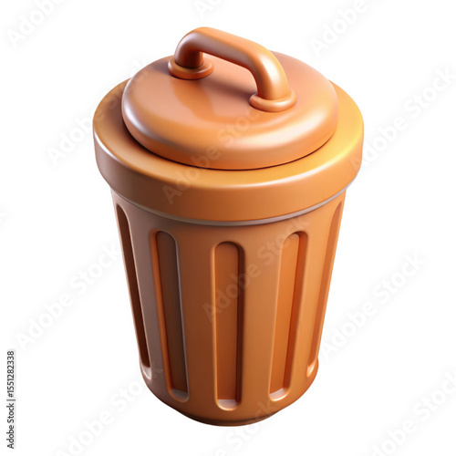 Orange Cartoon 3 D Rendered Trash Can with Lid and Handle isolated on a transparent background