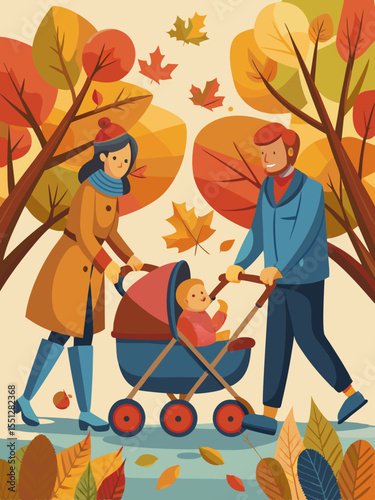 Joyful family strolls through autumn park with baby stroller, enjoying the colorful fall foliage and crisp autumn air outdoors.