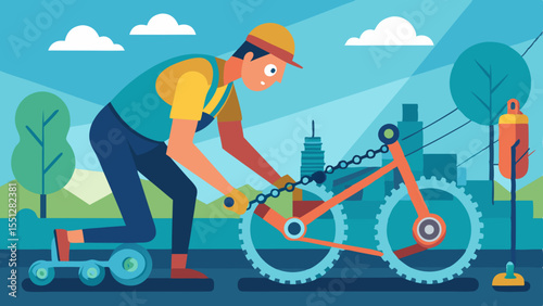 Mechanic repairs a bicycle in an urban environment, creating a colorful design great for cycling enthusiasts and repair shops.