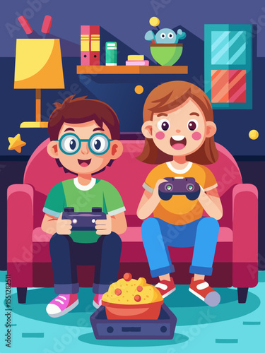 Cheerful kids playing video games together on a couch, showing enjoyment, friendship, and fun entertainment during a casual time indoors.
