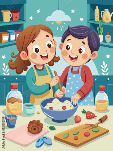 Cheerful kids enjoy cooking together in a cozy kitchen, preparing sweet treats and delicious snacks for a happy family gathering.