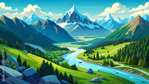 Beautiful panoramic view of a river valley surrounded by the majestic Karwendel Mountain Range near Garmisch-Partenkirchen in Upper Bavaria, Germany. The clear river winds through lush green meadows