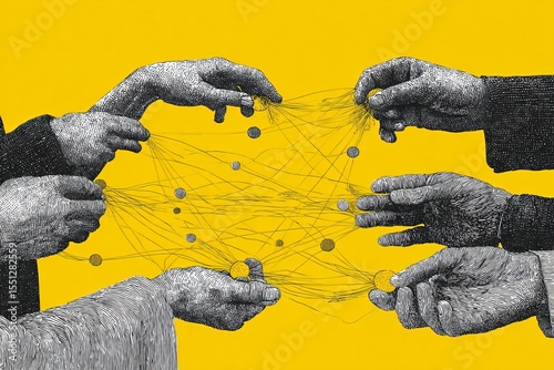 Hands intertwining in a network of coins illustrating connections and exchanges in a vibrant yellow setting during a discussion about value and collaboration