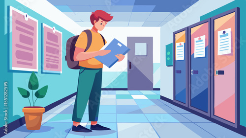 Student is reading notes in a bright school hallway with lockers, poster boards, and a potted plant for a back-to-school themed design.