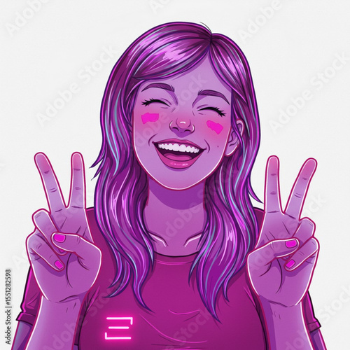 Young woman smiling and showing peace sign with pink hair  