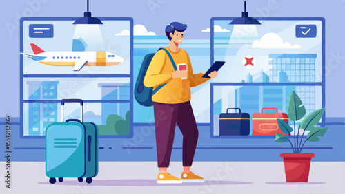 Modern traveling scene featuring a man in an airport with luggage, ideal for tourism promotions or travel-related designs and illustrations.