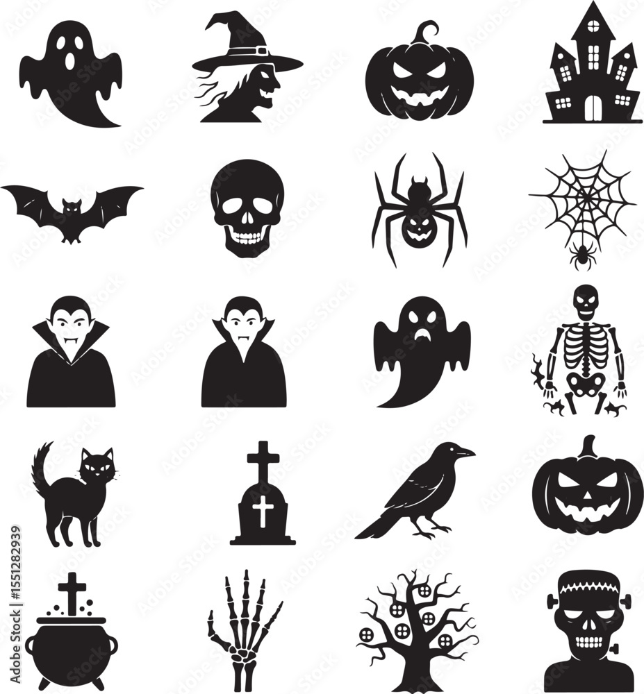 Fototapeta premium Black and White Halloween Icons Set Collection of Spooky Symbols Ghosts Pumpkins Bats Skeletons Witches Graveyard Crosses Spiders
