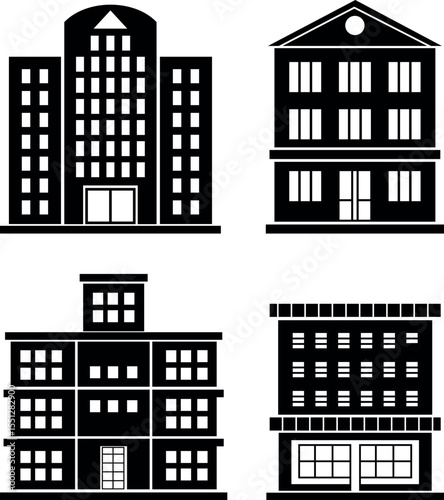 Black and White Building Icon Set Vector Illustration