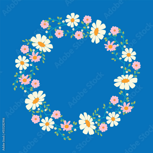 Daisy Flower Wreath on Bright Blue Background. Cheerful botanical frame with wildflowers and cute foliage perfect for invitations, web, print, t-shirt 