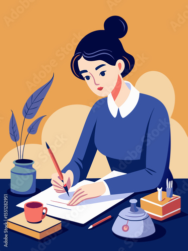 A woman is writing at her desk in a calm and modern office setting, suitable for illustrating articles or branding about work and productivity.