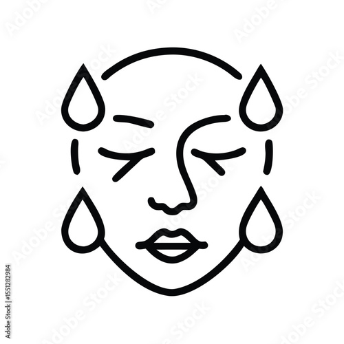 Dry skin face with water drops line art illustration for skincare and beauty product concept