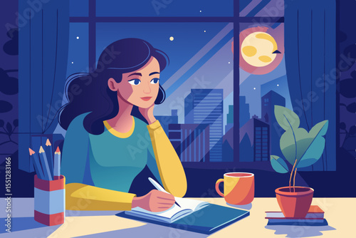 A girl writing in her notebook by the window on a calm night, perfect for creative projects or personal journal designs.