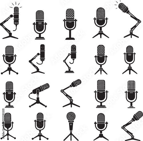 Collection of Black and White Microphone Icons Various Styles and Designs Recording Studio Broadcasting Podcast Equipment Symbols