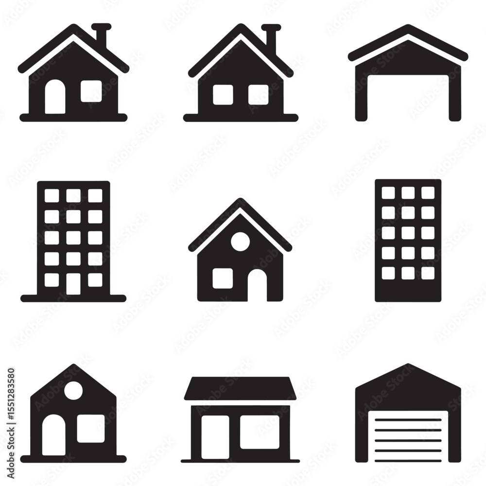 Fototapeta premium Diverse Architectural Icons A Collection of Houses Buildings and Garage Symbols Representing Real Estate and Urban Landscape Elements