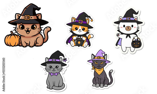 Cute Halloween Witch Cat Sticker Set with Cauldron and Broom