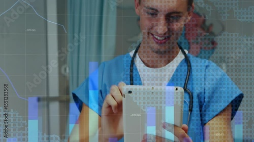 Medical professional tapping tablet in clinic and analyzing patient data with animated charts