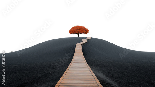 Wooden Path Leading to Lone Orange Tree on Dark Hill – Transparent Background